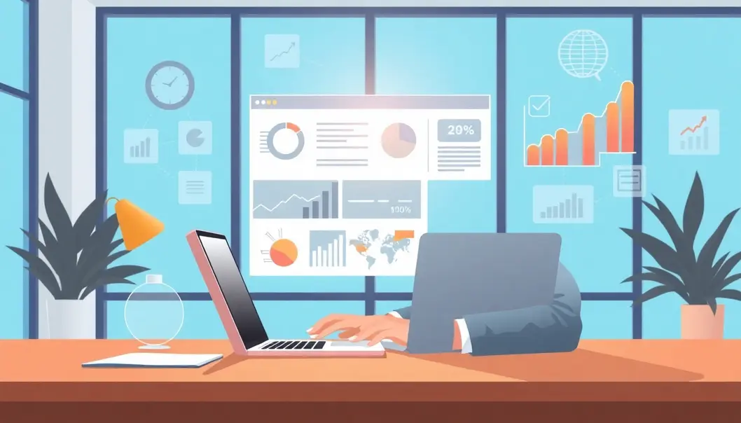 Một doanh nhân đang nhìn vào website thành công, biểu thị tiến bộ và tăng trưởng.