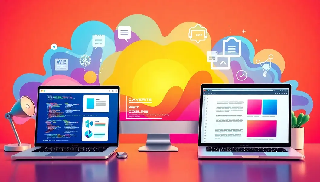 Hình ảnh bìa bài viết về thiết kế website với giao diện hiện đại và công cụ phát triển.
