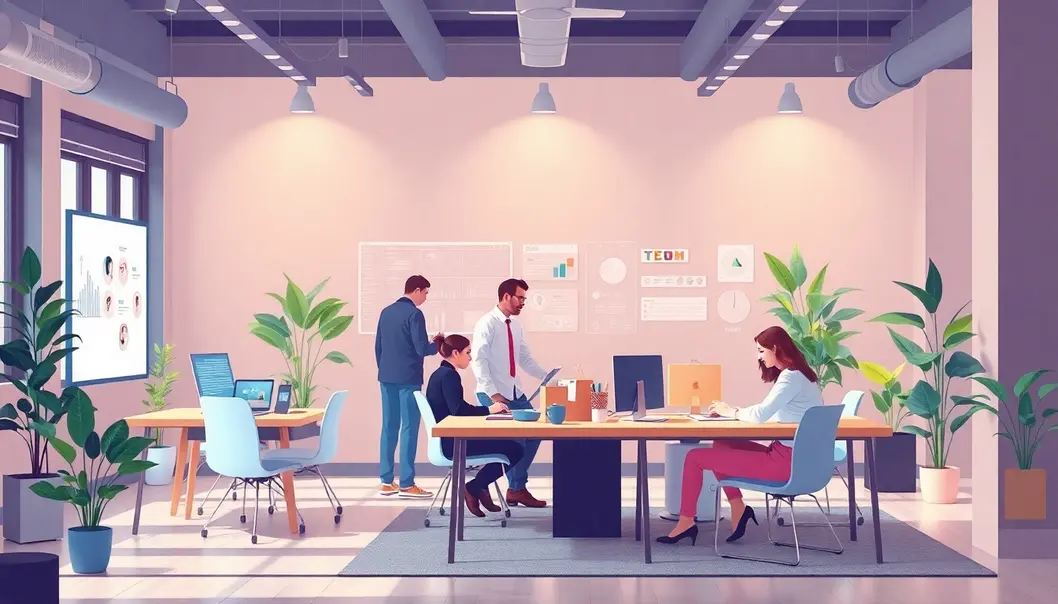 Môi trường làm việc hiện đại, phản ánh sự sáng tạo và chuyên nghiệp trong thiết kế website và app.