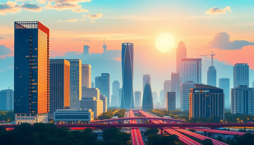 Khung cảnh thành phố Hồ Chí Minh với các biểu tượng kỹ thuật số đại diện cho sự hiện diện trực tuyến.