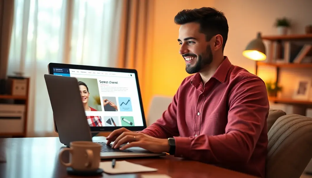 Chủ doanh nghiệp nhìn vào website chuyên nghiệp với sự hài lòng.