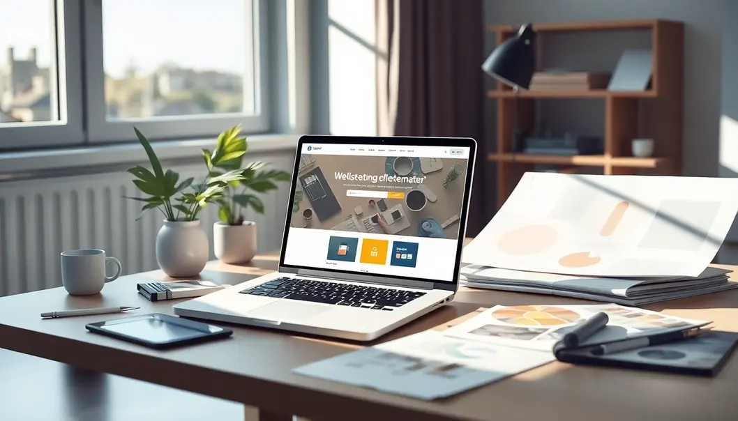 Bàn làm việc với máy tính và các công cụ thiết kế website.