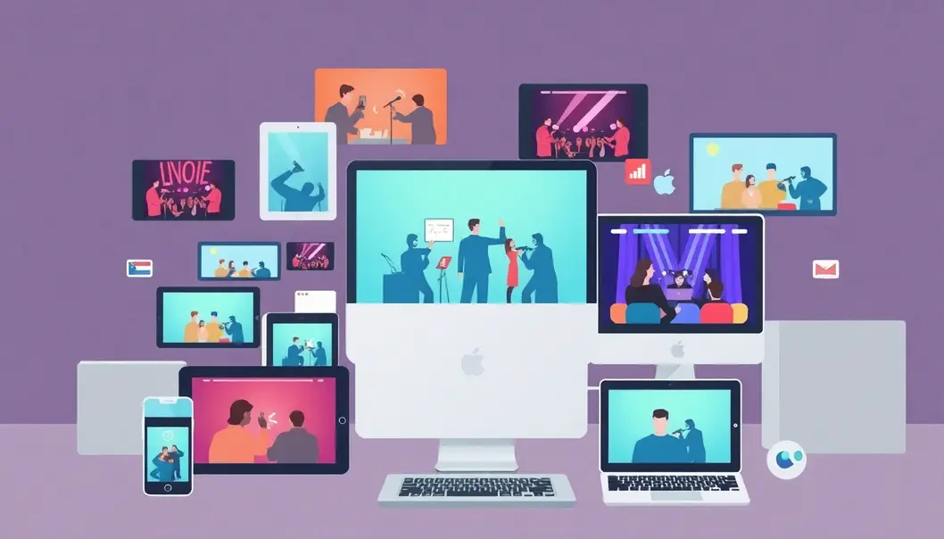 Hình ảnh thể hiện sự kết nối qua nhiều thiết bị với nội dung live stream.