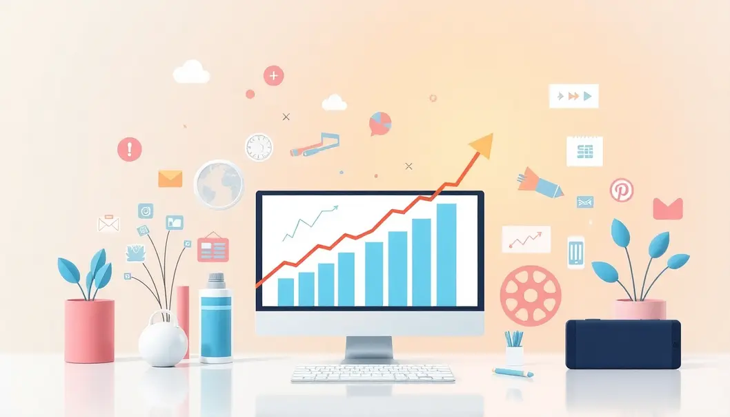 Biểu thị sự thành công của website thông qua thiết kế chuẩn SEO, với các đồ thị và yếu tố thị trường số.