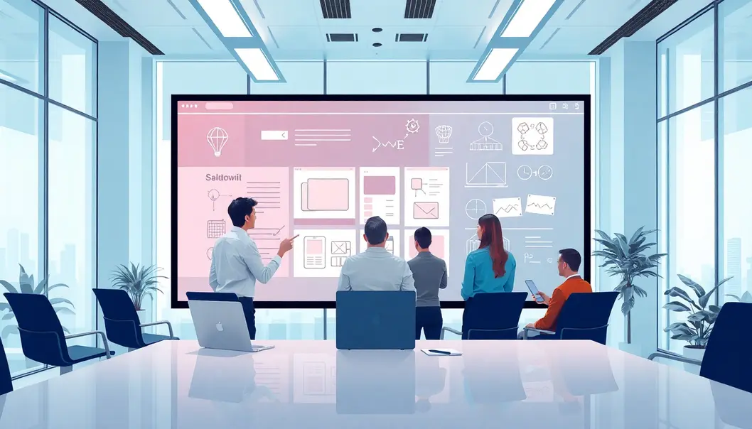 Nhóm thiết kế website doanh nghiệp thảo luận về các mẫu giao diện hiện đại.