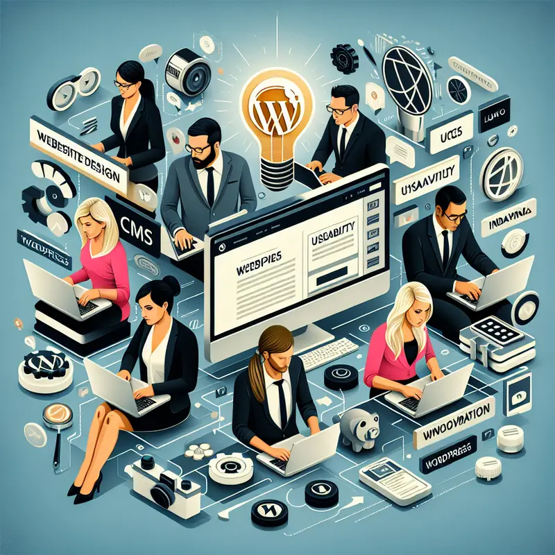 Một nhóm người đa dạng thiết kế website với WordPress, thể hiện sự sáng tạo và dễ tiếp cận.