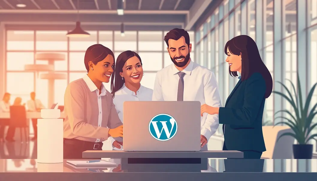 Một đội ngũ doanh nghiệp tìm hiểu mẫu template WordPress trong không gian làm việc hiện đại.