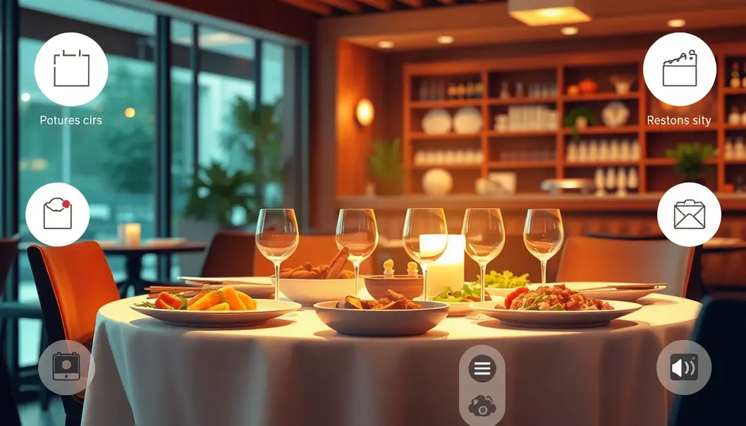 Một bữa tiệc ẩm thực tại nhà hàng với ánh sáng ấm áp và trang trí tinh tế.