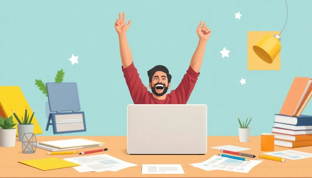 Người thành công hân hoan bên laptop với một website WordPress được thiết kế đẹp.
