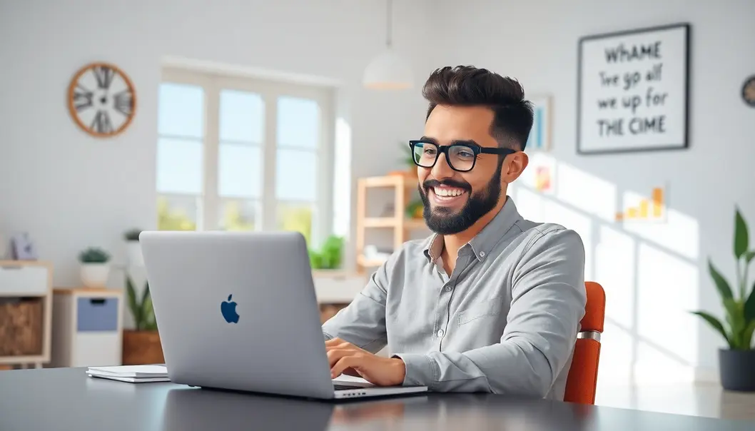 Một người doanh nhân hạnh phúc làm việc với laptop, tượng trưng cho sự thành công với WordPress.