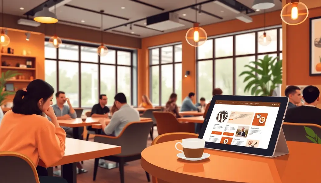 Mô tả không gian quán cafe đông khách với thiết kế website tối ưu.