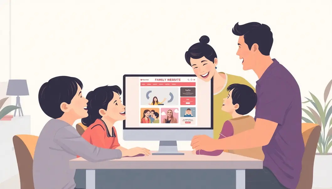 Hình ảnh một gia đình đang khám phá trang web gia đình trên máy tính.