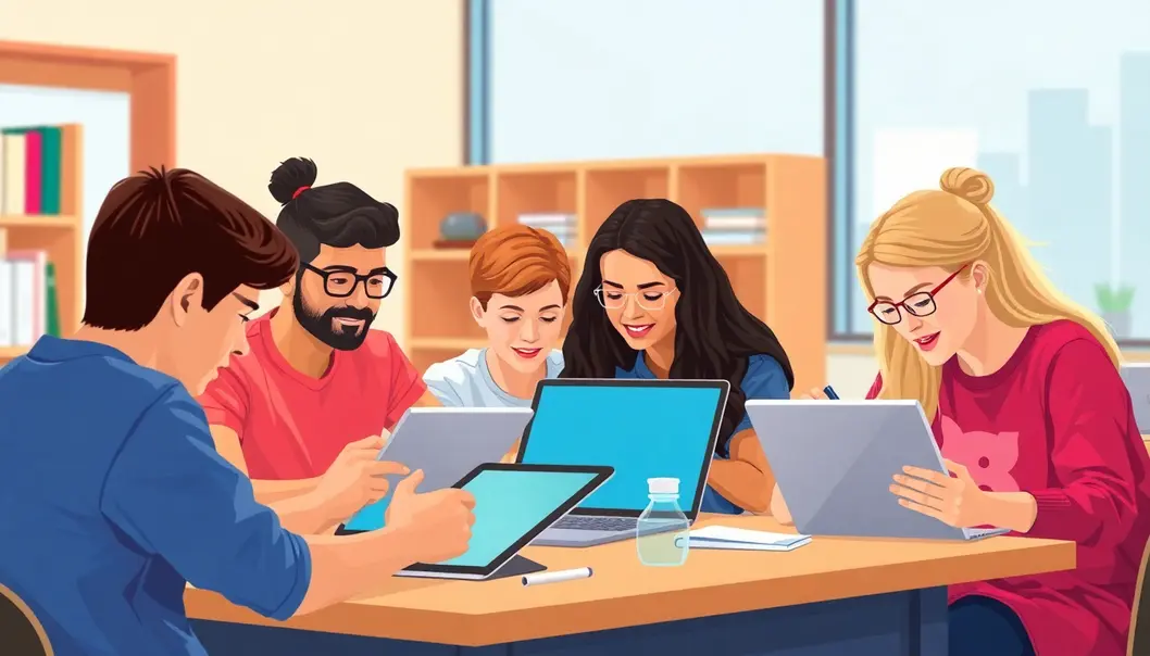 Hình ảnh sinh động của học viên sử dụng công nghệ trong giáo dục online.