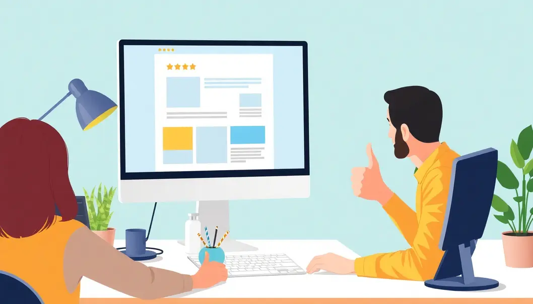 Khách hàng hạnh phúc bên cạnh nhà thiết kế web, nhìn vào website hoàn thiện.