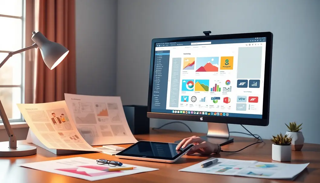 Mô tả nhà thiết kế đang làm việc trên các bản vẽ và thiết kế cho website bán hàng.