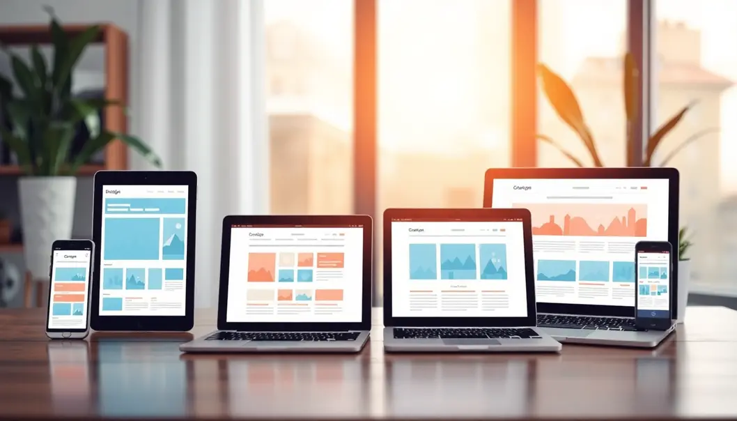 Một hình ảnh sống động và thu hút mô tả các mẫu thiết kế website cùng thiết bị hiện đại.