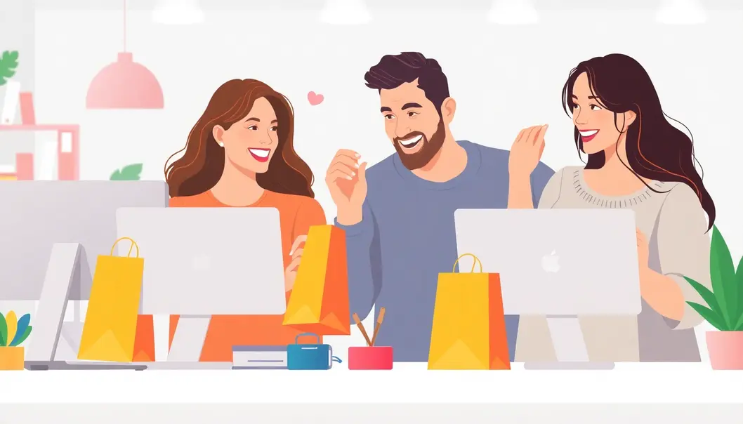 Mô tả hình ảnh khách hàng vui vẻ khi mua sắm trực tuyến, thể hiện thành công trong thương mại điện tử.