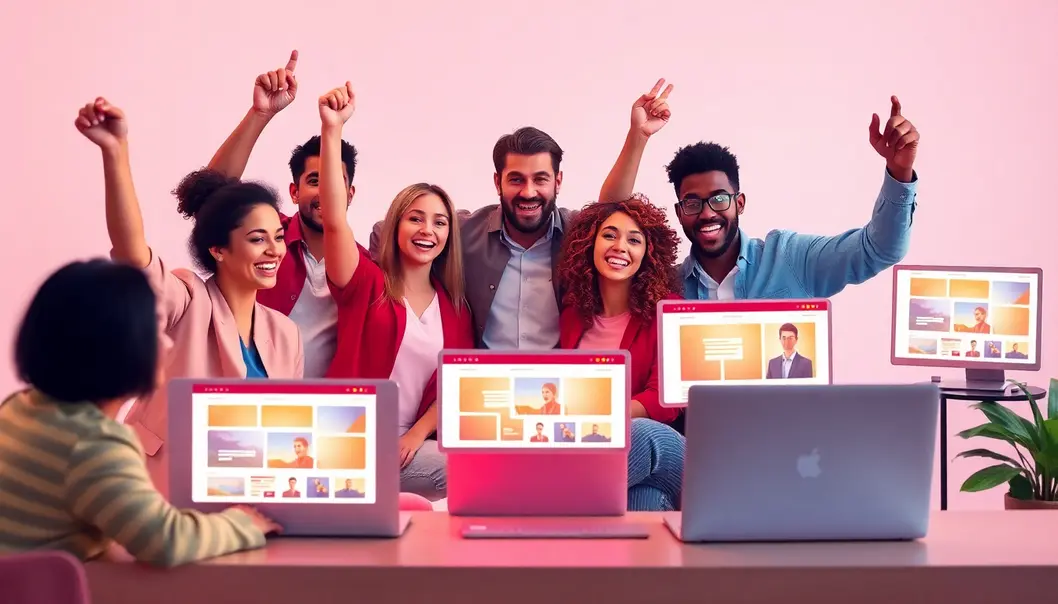 Hình ảnh doanh nhân hạnh phúc bên laptop với website bán hàng độc quyền.